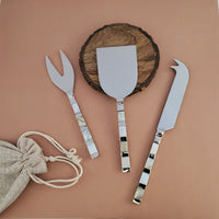 Unique Personalized Cheese Knife Set - Mother of Pearl Inlay handles - Shiny Silver Blades -  Charcuterie Board Essentials - Gift Boxed