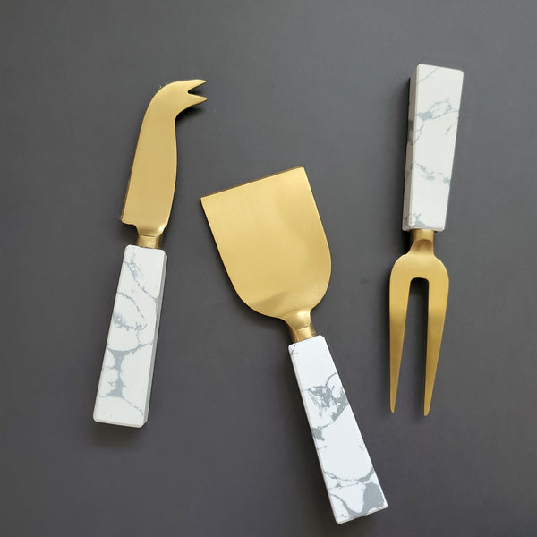 Marble Handle Cheese Knife Set Cheese Fork, Knife and Shovel Gold