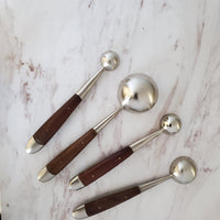 Wood and Steel Measuring Spoons Set - Matte Silver Finish with wooden inlay handles - 1 Table spoon to 1/4 Tea Spoon - Handmade Gift Boxed