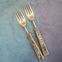 Abalone Shell Inlay Wedding Cake Forks - Custom Wedding Gifts - Engraved Wedding Forks - Bride Groom Forks - Bridal Shower -Wedding Keepsake