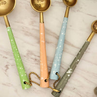 Gold Measuring Spoon Set - Pastel Color Handles - Gold Finish with Enameled Handles - Handmade - 1 Table spoon to 1/4 Tea Spoon - Gift Boxed