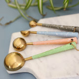 Gold Measuring Spoon Set - Pastel Color Handles - Gold Finish with Enameled Handles - Handmade - 1 Table spoon to 1/4 Tea Spoon - Gift Boxed